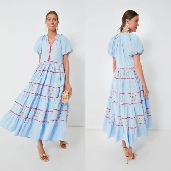 Tuckernuck HYACINTH HOUSE Blue Pinstripe Embroidered V-Neck Lillian Maxi Dress M - Picture 3 of 12